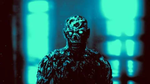 Grim demon apocalyptic face. Blue background Stock Illustration