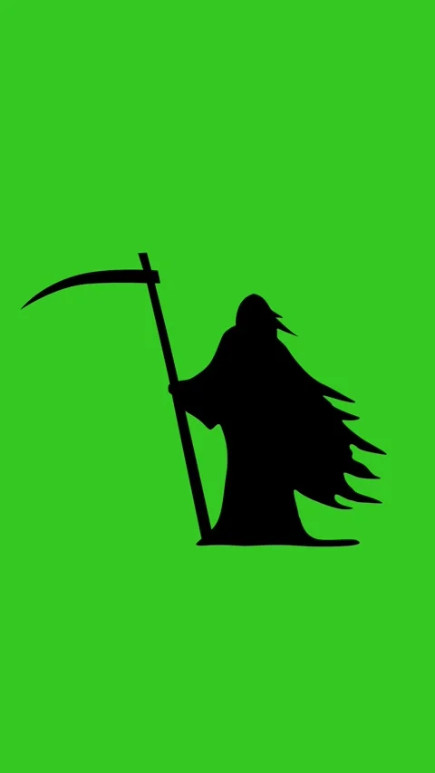 Grim reaper animation. angel of death with scythe isolated green background Video stock 342390573