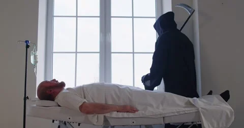 Grim Reaper of Death with scythe finding victim in hospital, clinic ward Stock Footage 316783964
