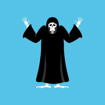 Grim reaper guilty. death oops. skeleton in black cloak surrenders. Vector il Illustrazione stock
