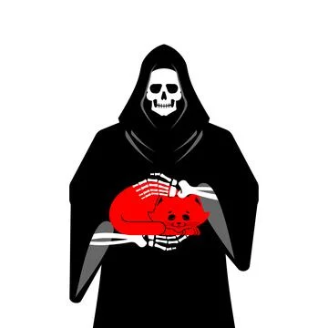 Grim Reaper Holding Cat. Death with a cat in his arms Stock Illustration