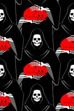 Grim Reaper Holding Cat pattern seamless. Death with a cat in his arms back.. Stock Illustration