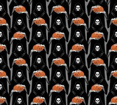 Grim Reaper Holding Cat pattern seamless. Death with a cat in his arms back.. Stock Illustration