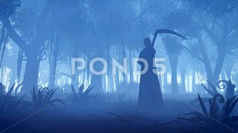 Grim reaper in a misty night forest Stock Illustration