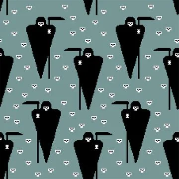 Grim Reaper Pixel art Pattern seamless. 8 bit Death Backgroundl. pixelated Ve Illustrazione stock