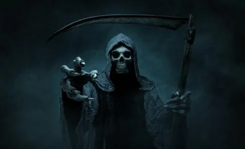 Grim reaper reaching towards the camera over dark, foggy background Stock Photos