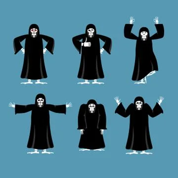 Grim reaper set poses and motion. death happy and yoga. skeleton in black clo Stock Illustration