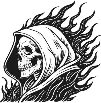 Grim reaper skull in flames, representing death and transformation. Stock Illustration