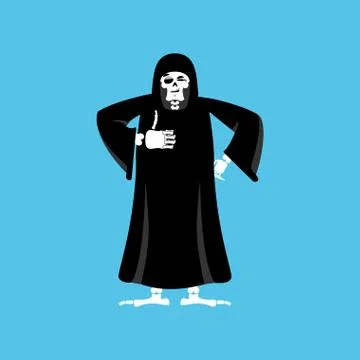 Grim reaper thumbs up. death winks. skeleton in black cloak cheerful. Vector  Stock Illustration