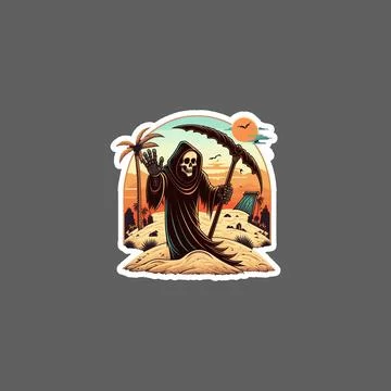 Grim reaper walk through desert sticker Stock Illustration
