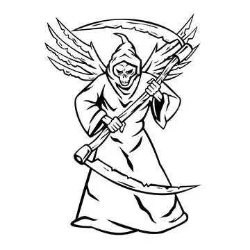 The Grim Reaper Wielding Double Sided Scythe Mascot Retro. Stock Illustration