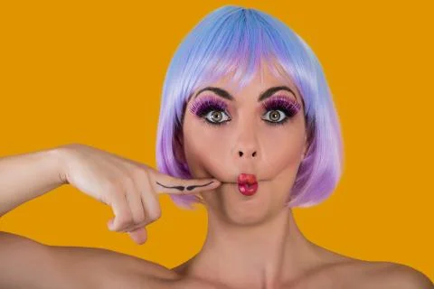 Grimacing glam model with fish lips Stock Photos