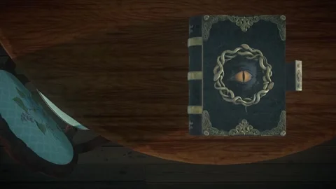 Grimoire On Table Closes Itself, Top Down View Animation Stock-Footage 347077780