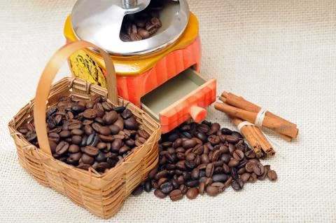 Grinder, cinnamon and cofffe Stock Photos