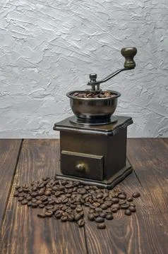 Grinder , coffee beans. Selection of fresh coffee for espresso.  wooden bac.. Stock Photos