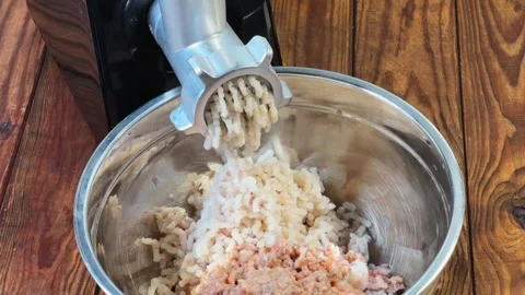 Grinding cod meat into ground fish with electric meat grinder 스톡 동영상 331744501
