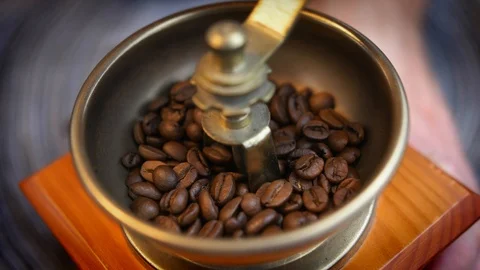Grinding Coffee Beans in Old Manual Grinder Close-up Slow Motion Stock Footage 118535223