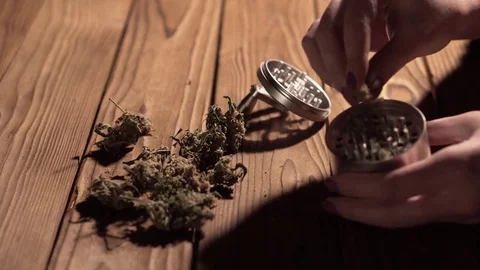 Grinding cones of marijuana with a grinder close-up. Weed buds and grinder in 스톡 동영상 83048272