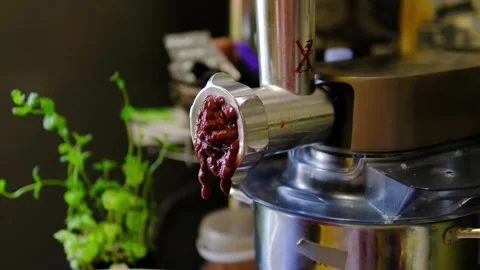 Grinding fresh beef liver through a meat grinder to make homemade liver mince Stock Footage 346264921