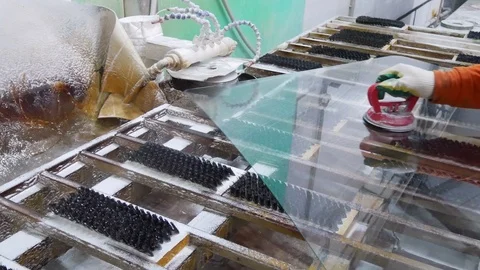 Grinding glass edges.Plant for processing of flat glass on the machines. 스톡 동영상 122012378