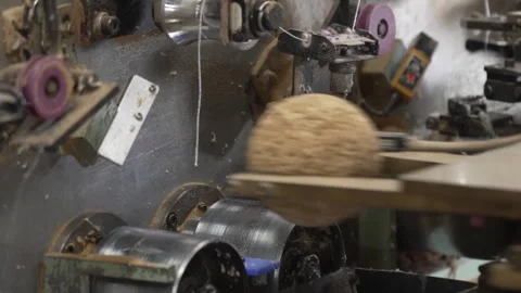 Grinding Lathe Shaving Wound Baseball Core Into Perfect Sphere Vídeo Stock 339736448