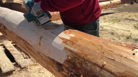 Grinding logs from bark,preparation for construction. Stock Footage 155862110