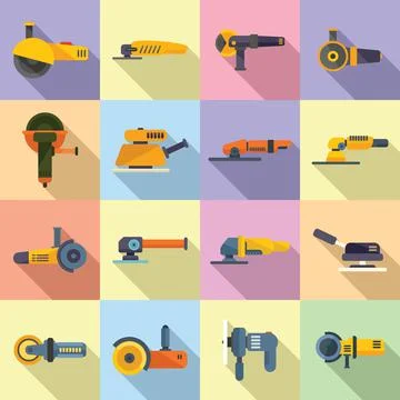 Grinding machine icons set flat vector. Build construct Stock Illustration