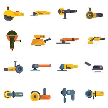 Grinding machine icons set flat vector. Build construct Stock Illustration