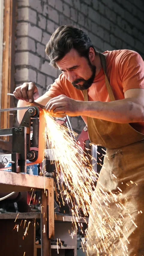 Grinding metal tools with sparkles - forge workshop Stock Footage 332614434