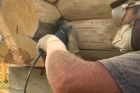 Grinding by polishing machine of pine logs at home. Cleaning woo Stock Photos