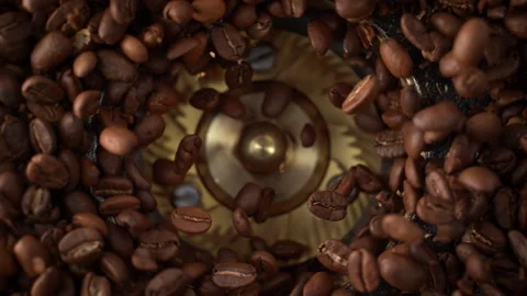Grinding Roasted Coffee Beans in Burr Grinder - Table Top View Stock Footage 196859221