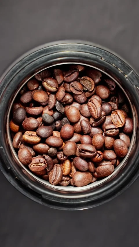 Grinding roasted coffee beans. Rotating coffee beans in coffee grinder. Video stock 280901831