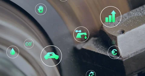 Grinding tool bit pressing rotating cylinder releasing dust and animating icons Stock Footage 312694981