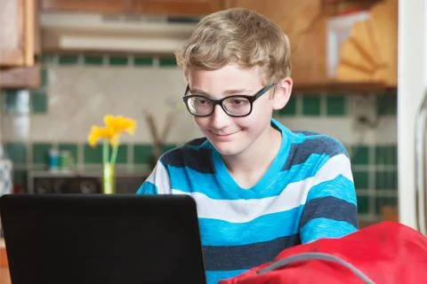 Grinning child using laptop computer Stock Photos