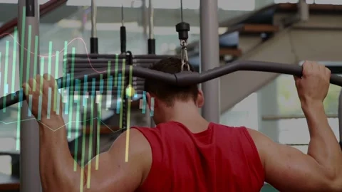 Grip adjustment starting lat-pulldown reps, man pulling bar down while overlay Stock Footage 333132757