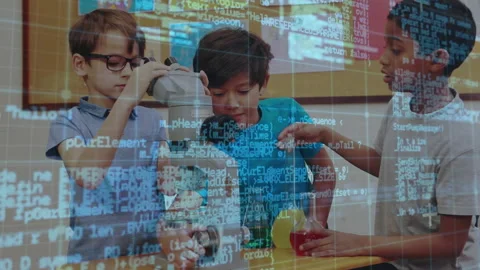 Gripping focus knobs glasses boy leaning into microscope with peers exchanging Video stock 316185190