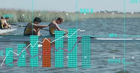 Gripping oars and starting stroke, rowers powering shell as sports tech bar 스톡 동영상 317835216