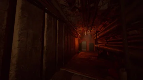 Gritty emergency passage illuminated in red with shadows and metallic structures Video stock 334334434