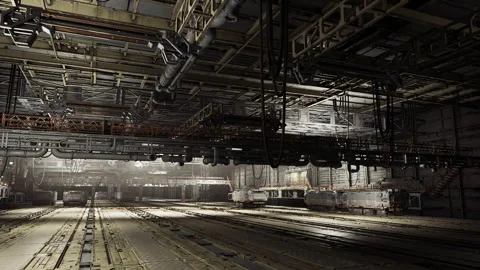 Gritty factory environment showcasing structural elements and cables Stock Footage 341831649