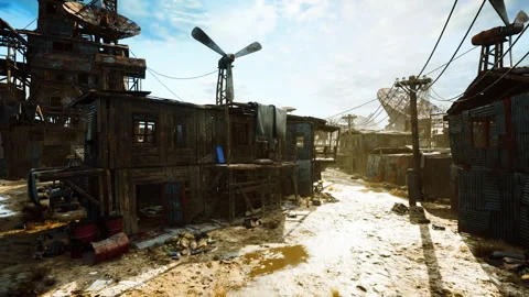 Gritty frontier setting with scavengers amidst reflective puddles and wires Stock Footage 330121730