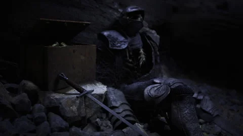 Gritty medieval chaos. Dismantled armor in ruined battlefield scene Stock Footage 341587533