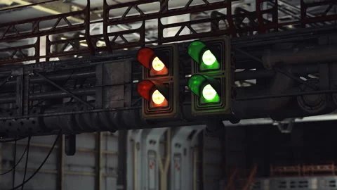 Gritty metallic textures under evening lighting with signal indicators Video stock 334240847