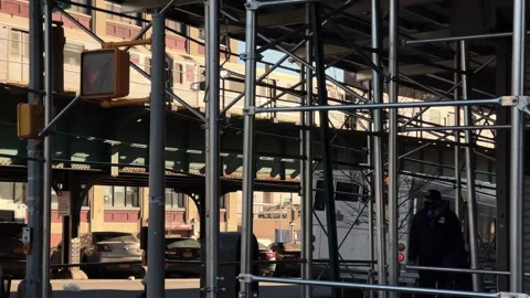 Gritty scaffolding elevated subway train track Harlem Uptown New York City NYC Stock Footage 149540632