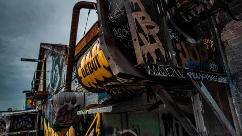 Gritty steel structure covered in bold graffiti tags Fotos Stock