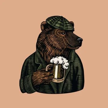 Grizzly Bear with a beer mug. Brewer with a glass cup. Fashion animal character Stock Illustration