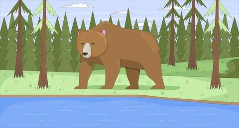 Grizzly brown bear standing by forest lake flat illustration Stock Illustration