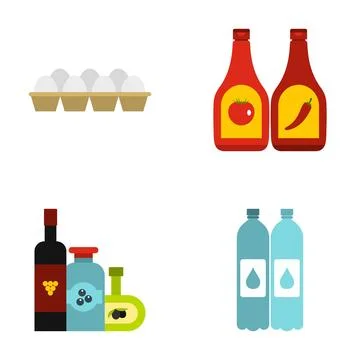 Groceries flat icon set showing various food staples Stock Illustration