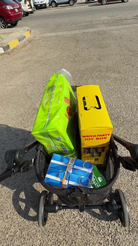 Groceries Inside Black Baby Stroller Basket Outdoors Stock Footage 341375896