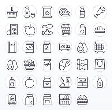 Grocery 64x64 Vector Icon Pack with 35 Regular Line PIXEL Perfect Elements イラスト素材