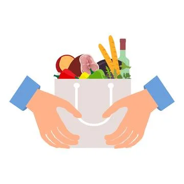 Grocery bag with fresh vegetables, bread, meat, wine, and two hands on whit.. Illustrazione stock